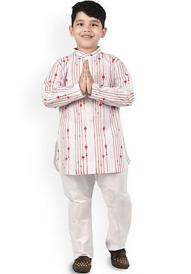 White Printed Blended Kurta Set For Boys