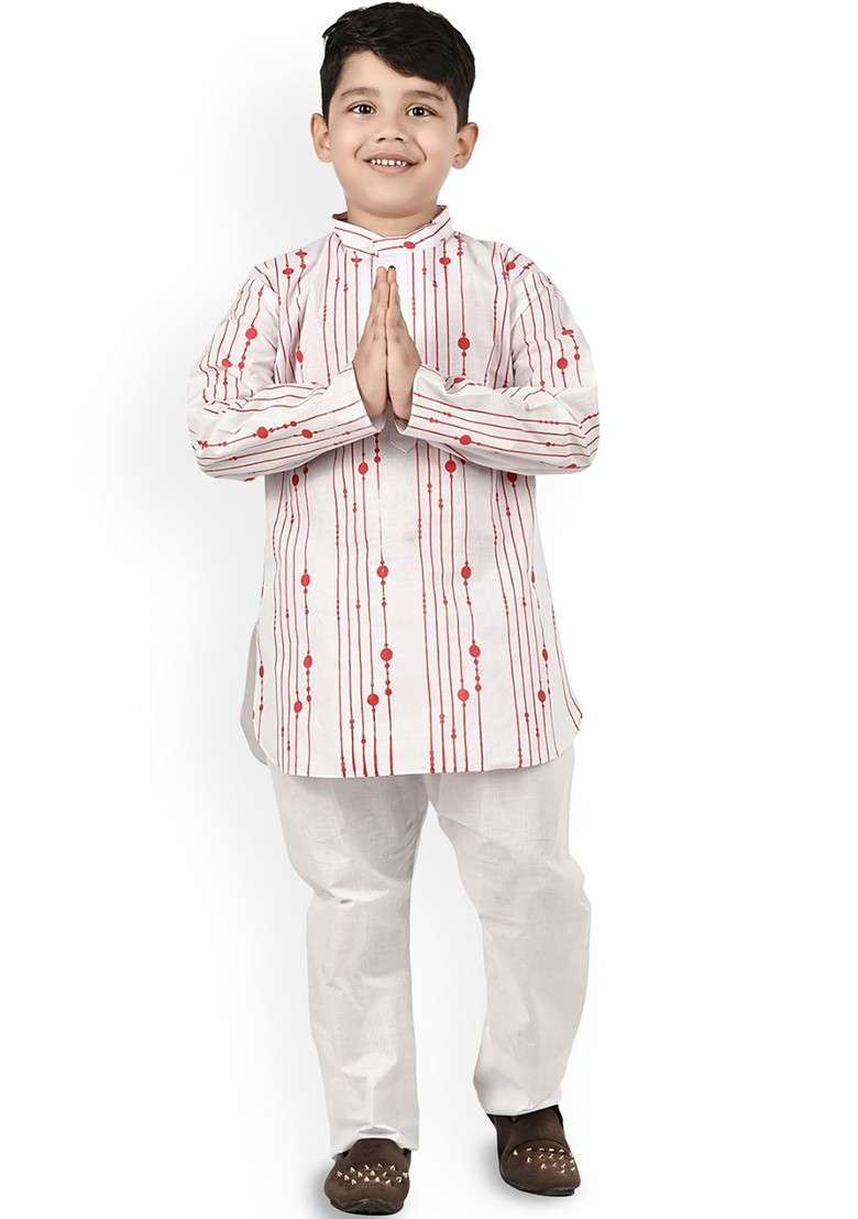 White Printed Blended Kurta Set For Boys - Indya