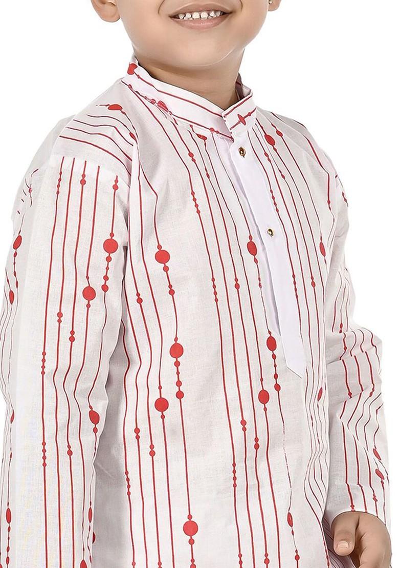 White Printed Blended Kurta Set For Boys - Indya