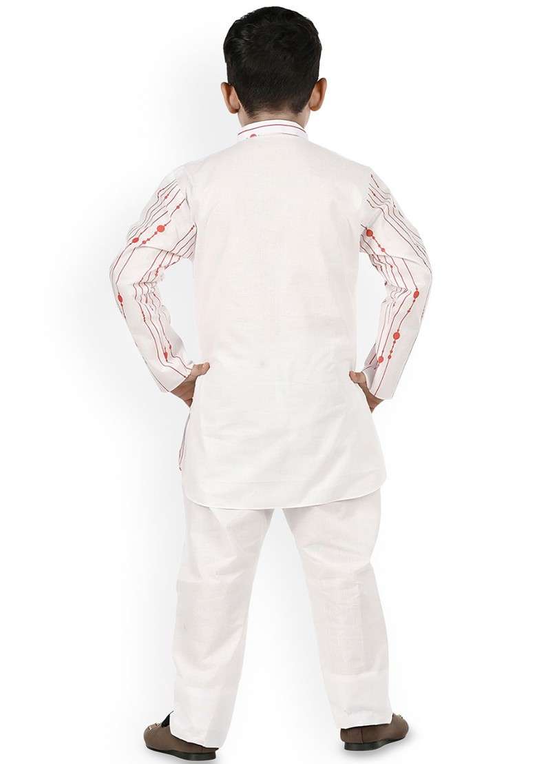 White Printed Blended Kurta Set For Boys - Indya