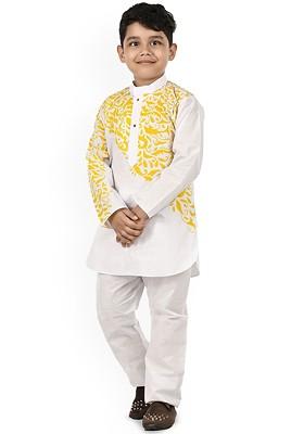 Yellow Printed Blended Kurta Set For Boys