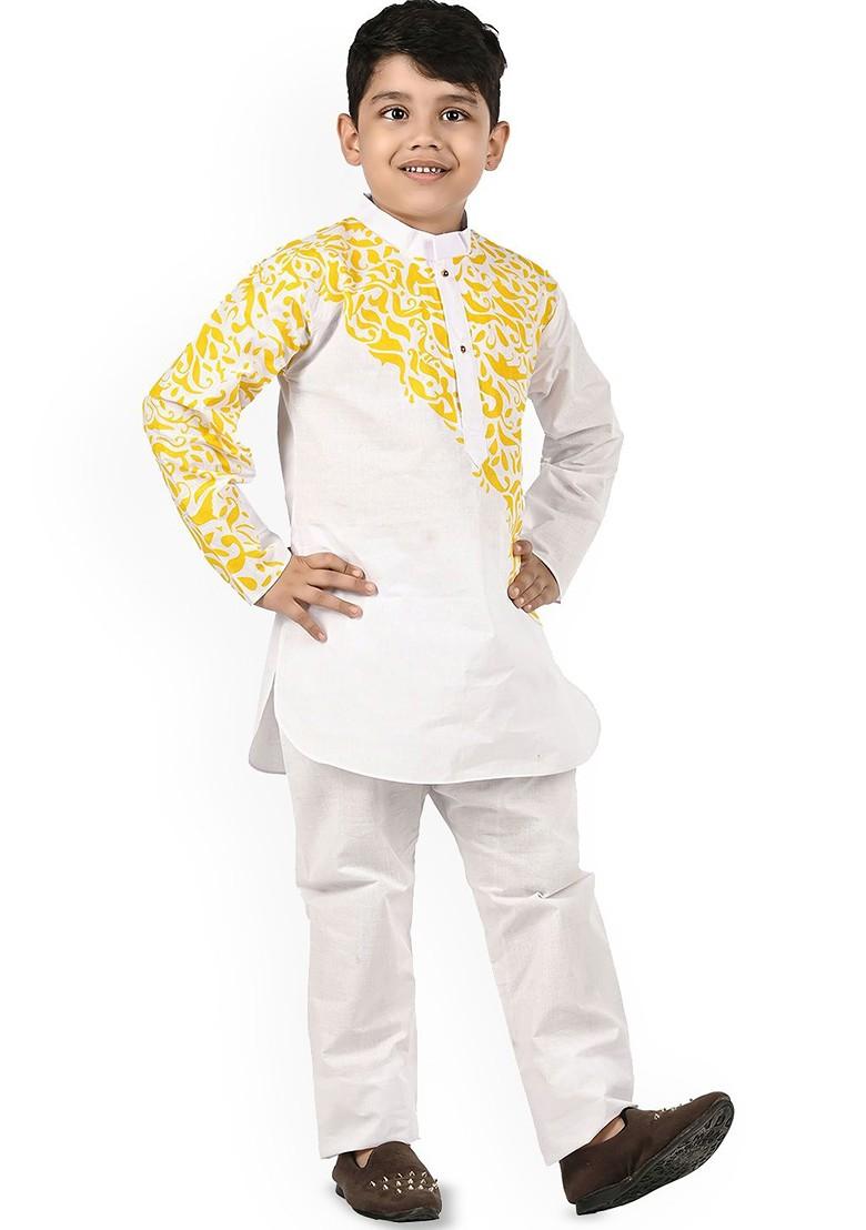 Yellow Printed Blended Kurta Set For Boys - Indya