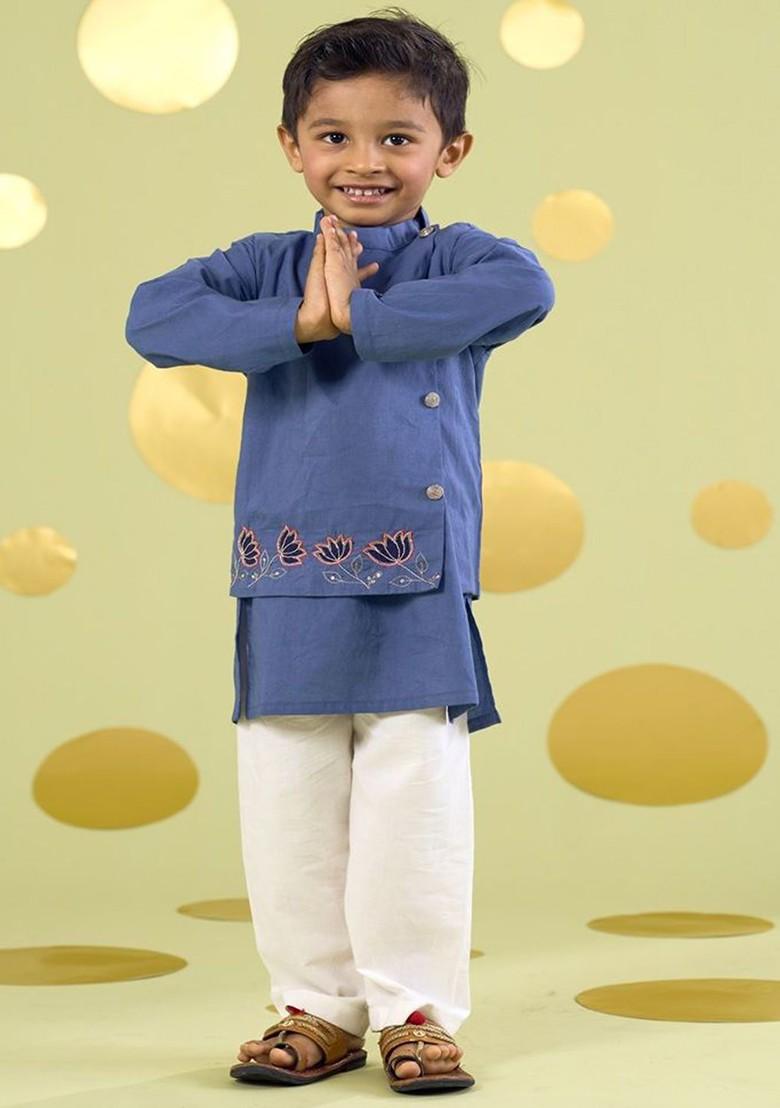 Blue Embroidered Cotton Kurta Set For Boys - Indya