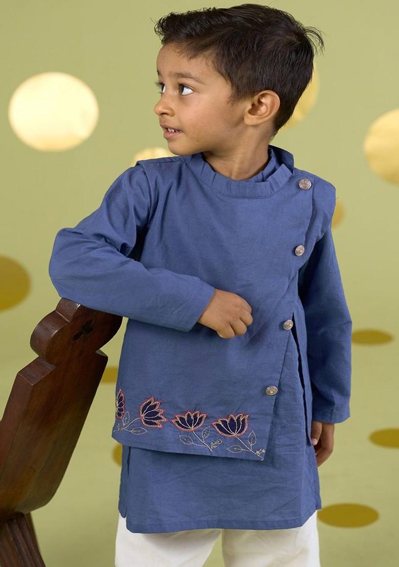 Blue Embroidered Cotton Kurta Set For Boys - Indya