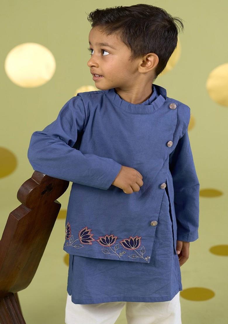 Blue Embroidered Cotton Kurta Set For Boys - Indya