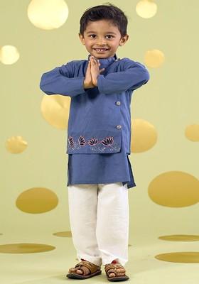 Blue Embroidered Cotton Kurta Set For Boys