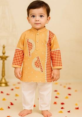 Peach Checked Cotton Kurta Set For Boys