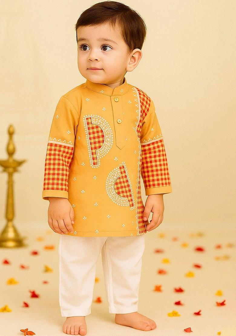 Peach Checked Cotton Kurta Set For Boys - Indya