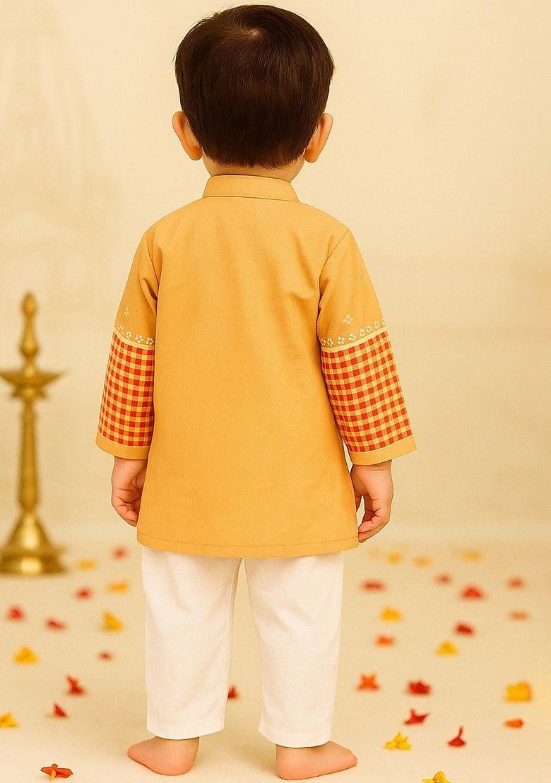 Peach Checked Cotton Kurta Set For Boys - Indya