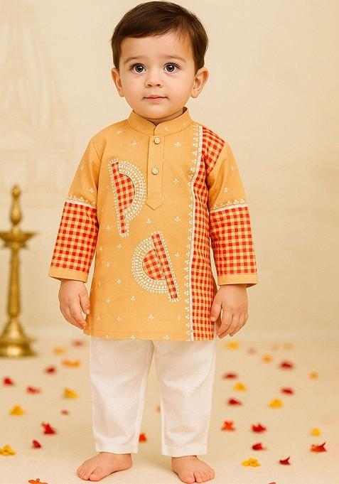 Peach Checked Cotton Kurta Set For Boys — view on Indya