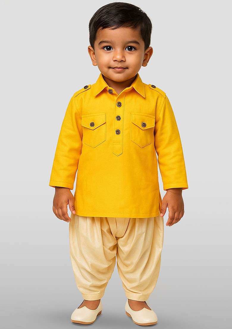 Mustard Embroidered Blended Kurta Set For Boys - Indya
