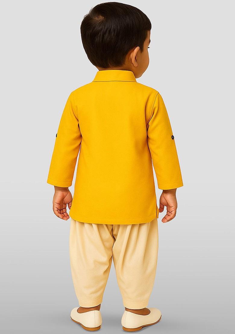 Mustard Embroidered Blended Kurta Set For Boys - Indya