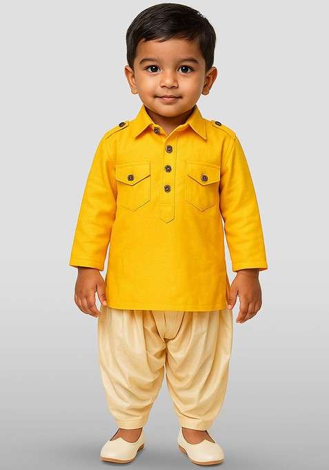 Mustard Embroidered Blended Kurta Set For Boys