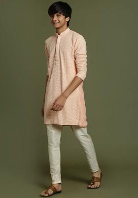 Pink Embroidered Blended Kurta Set For Boys