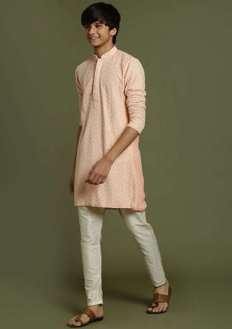 Pink Embroidered Blended Kurta Set For Boys - Indya