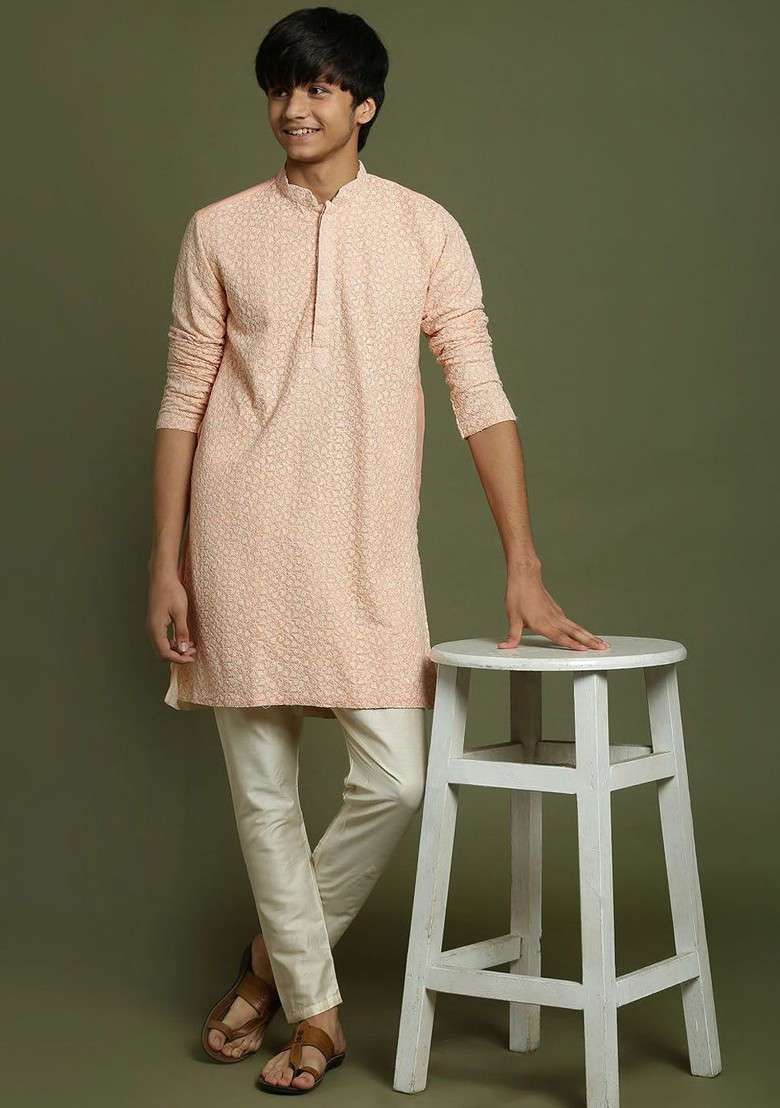 Pink Embroidered Blended Kurta Set For Boys - Indya