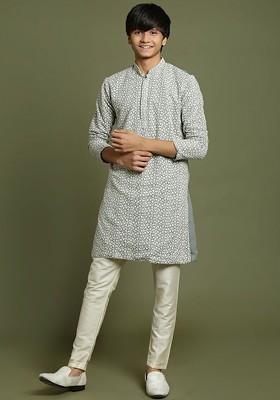 Grey Embroidered Blended Kurta Set For Boys