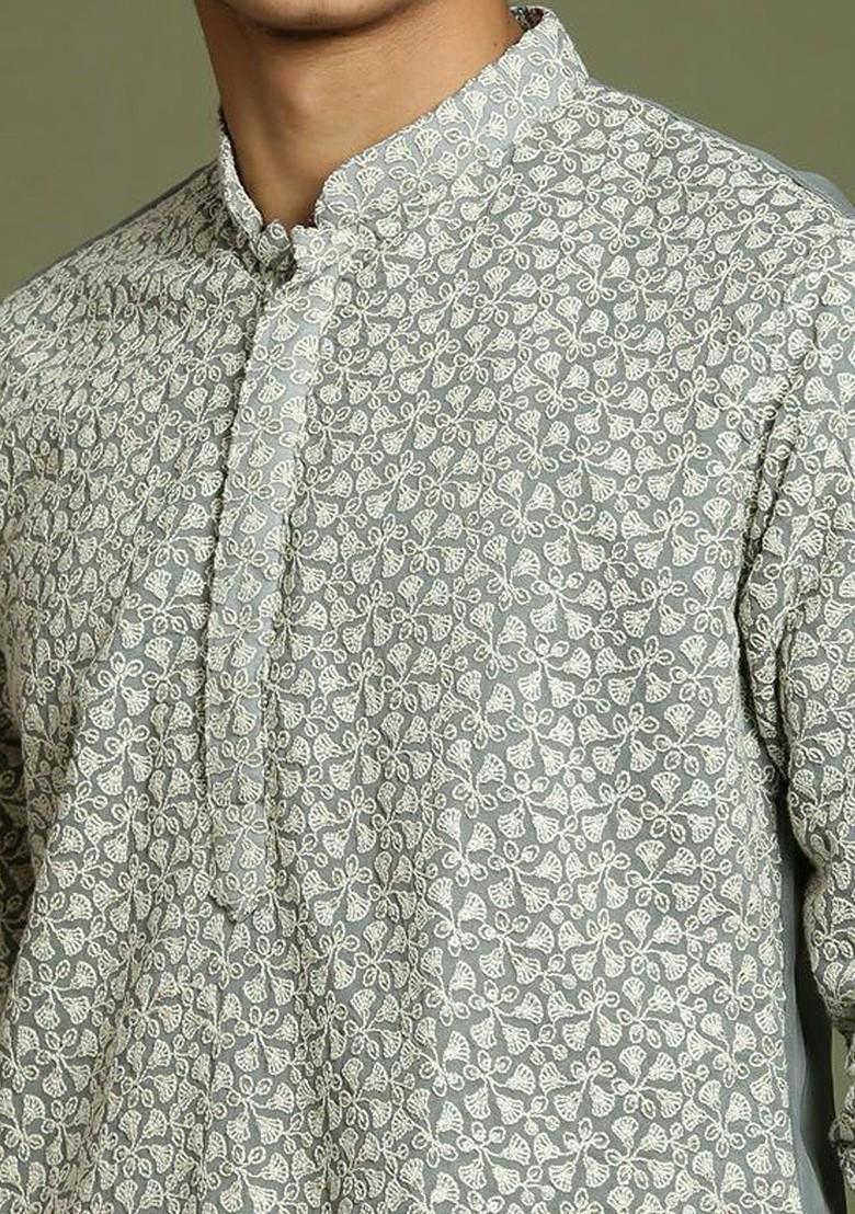 Grey Embroidered Blended Kurta Set For Boys - Indya