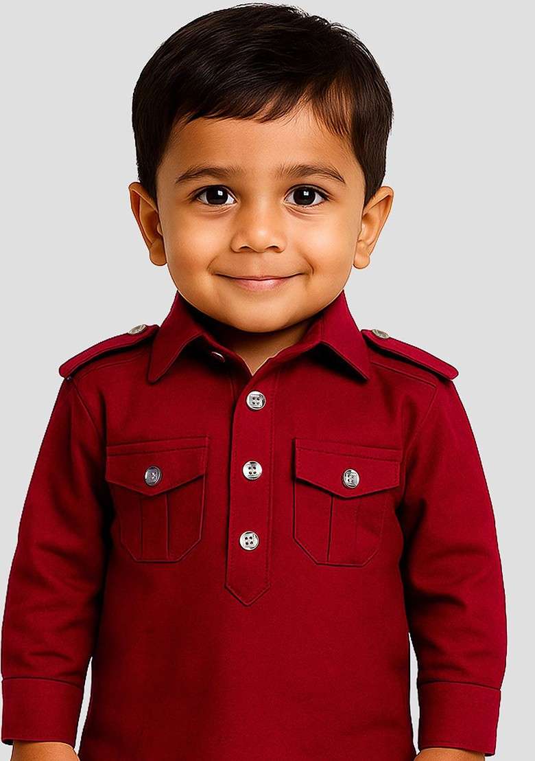 Red Solid Blended Kurta Set For Boys - Indya
