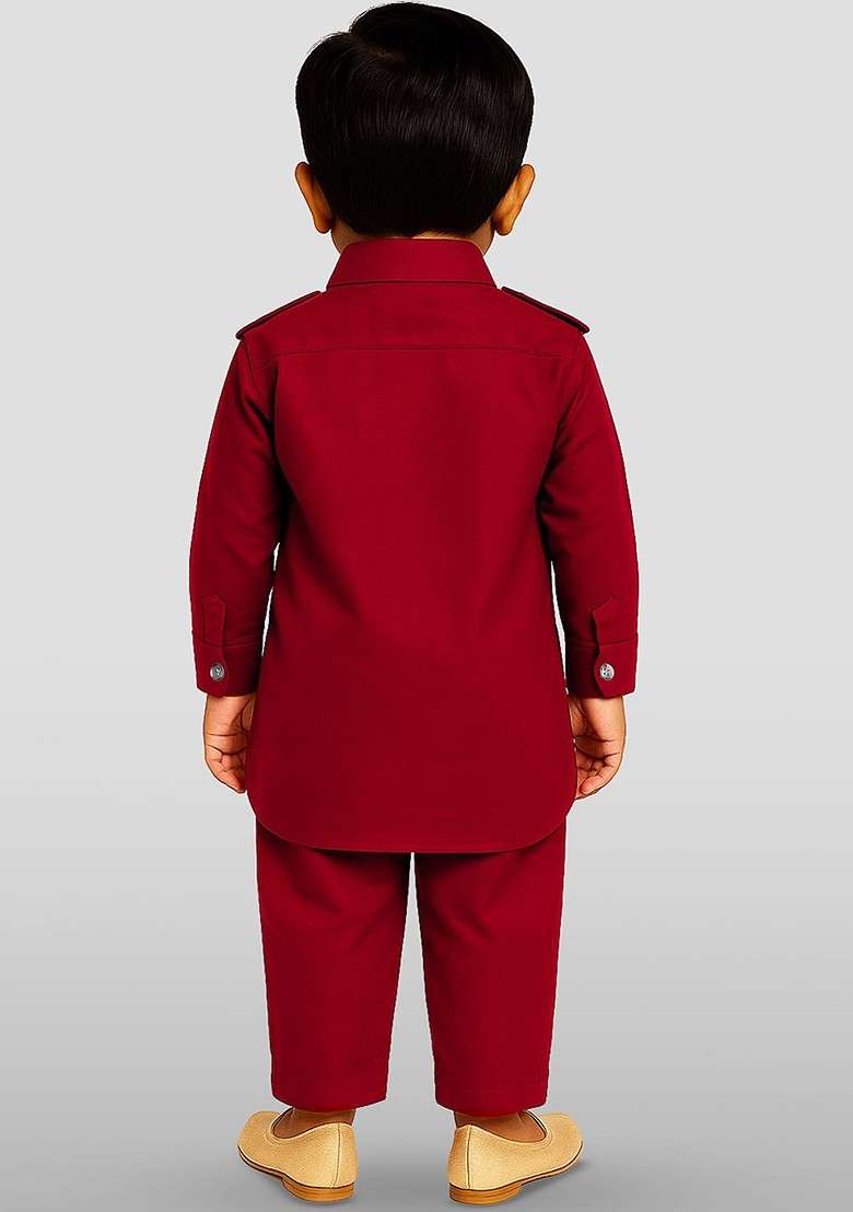 Red Solid Blended Kurta Set For Boys - Indya