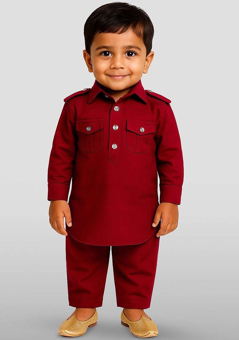 Red Solid Blended Kurta Set For Boys - Indya