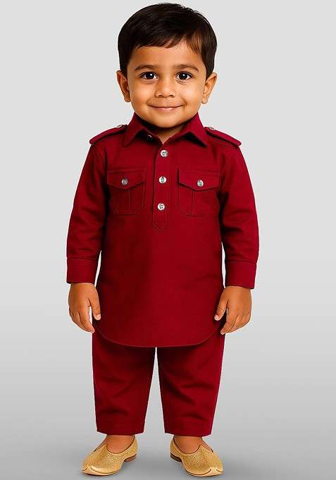 Red Solid Blended Kurta Set For Boys