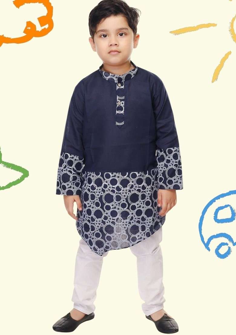 Navy Blue Printed Blended Kurta Set For Boys - Indya