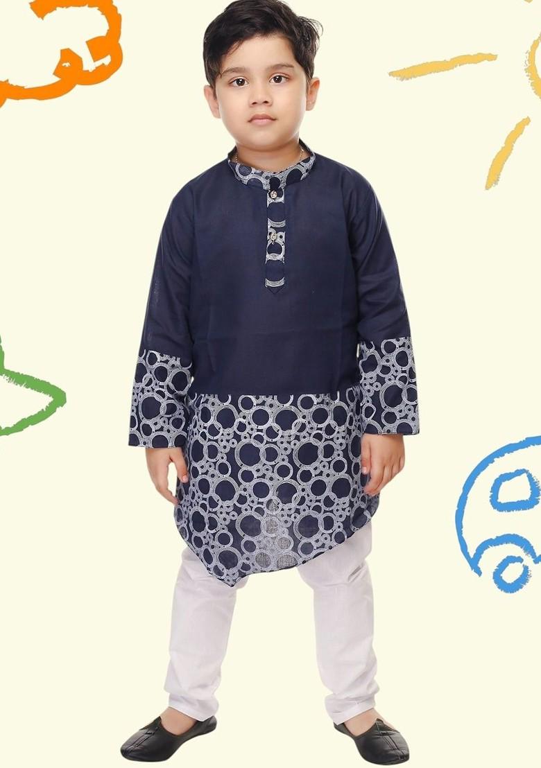 Navy Blue Printed Blended Kurta Set For Boys - Indya