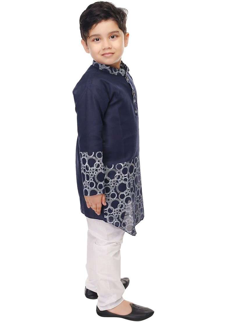 Navy Blue Printed Blended Kurta Set For Boys - Indya