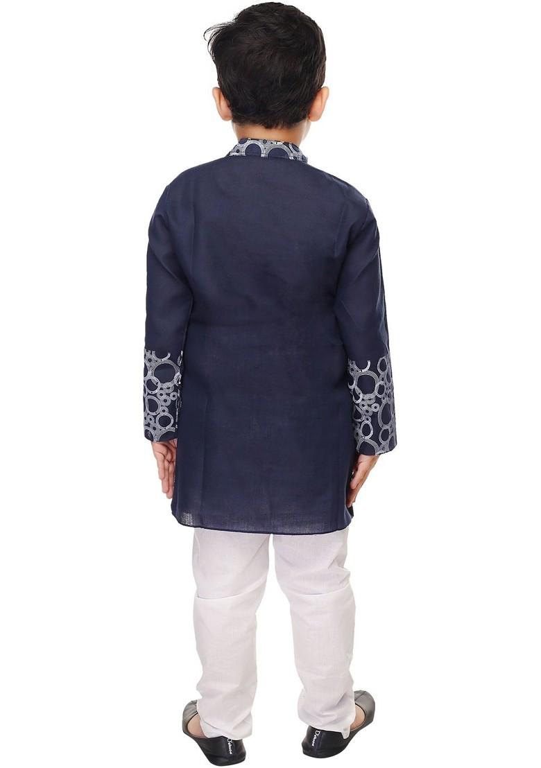 Navy Blue Printed Blended Kurta Set For Boys - Indya
