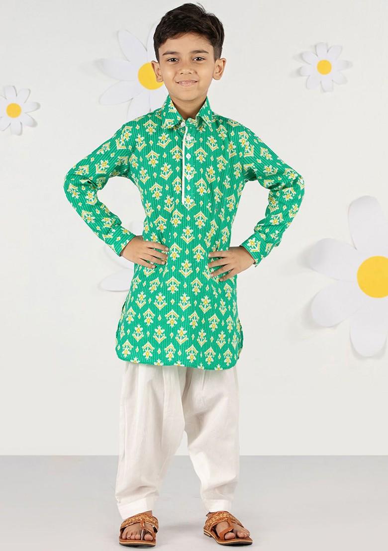Green Printed Cotton Kurta Set For Boys - Indya