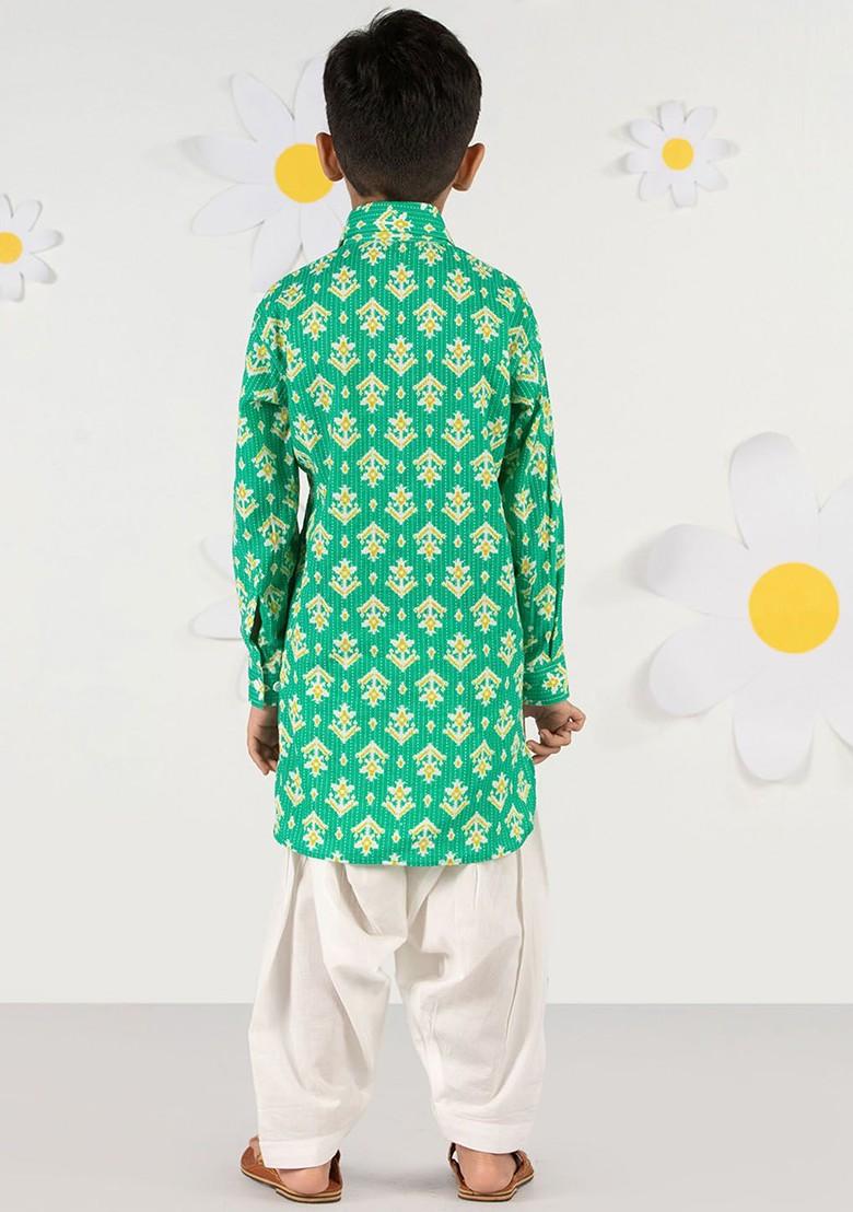 Green Printed Cotton Kurta Set For Boys - Indya