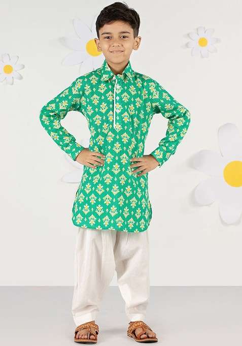 Green Printed Cotton Kurta Set For Boys
