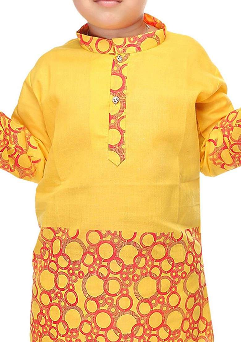 Yellow Printed Blended Kurta Set For Boys - Indya