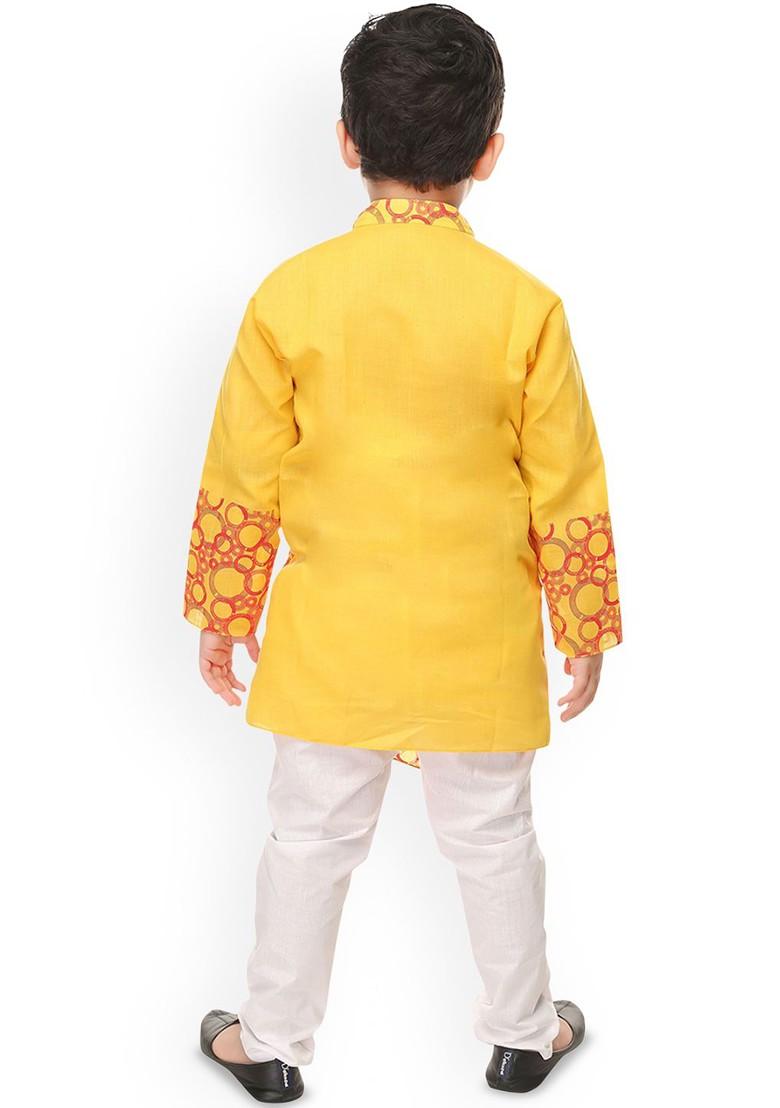 Yellow Printed Blended Kurta Set For Boys - Indya