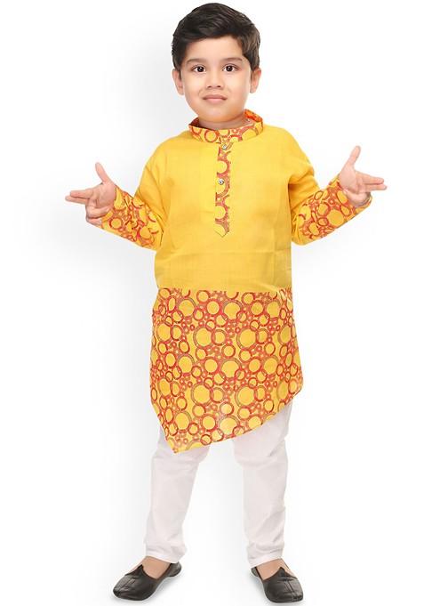 Yellow Printed Blended Kurta Set For Boys