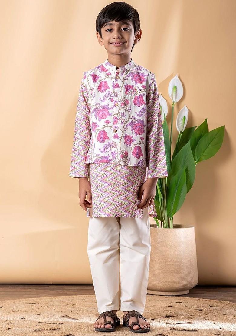 White Printed Cotton Nehru Jacket Set For Boys - Indya