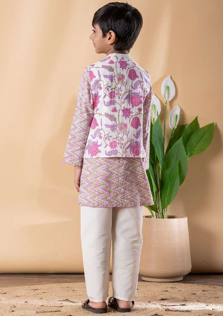 White Printed Cotton Nehru Jacket Set For Boys - Indya