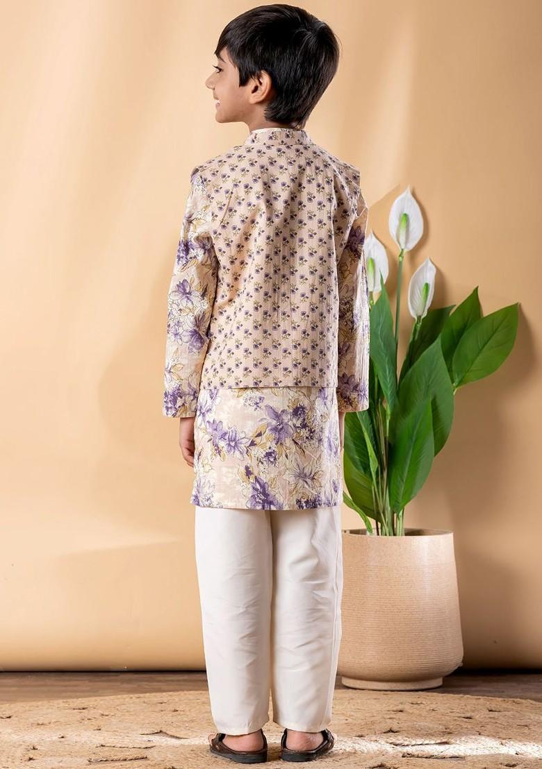Beige Printed Cotton Kurta Set For Boys - Indya