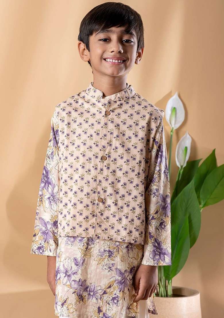 Beige Printed Cotton Kurta Set For Boys - Indya