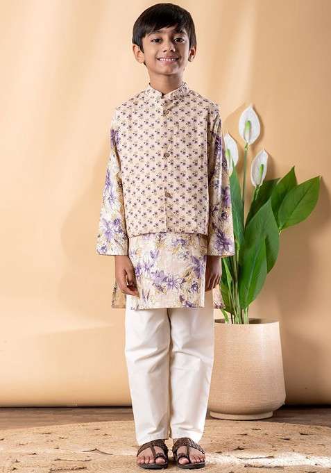 Beige Printed Cotton Kurta Set For Boys