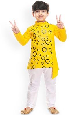 Yellow Printed Blended Kurta Set For Boys