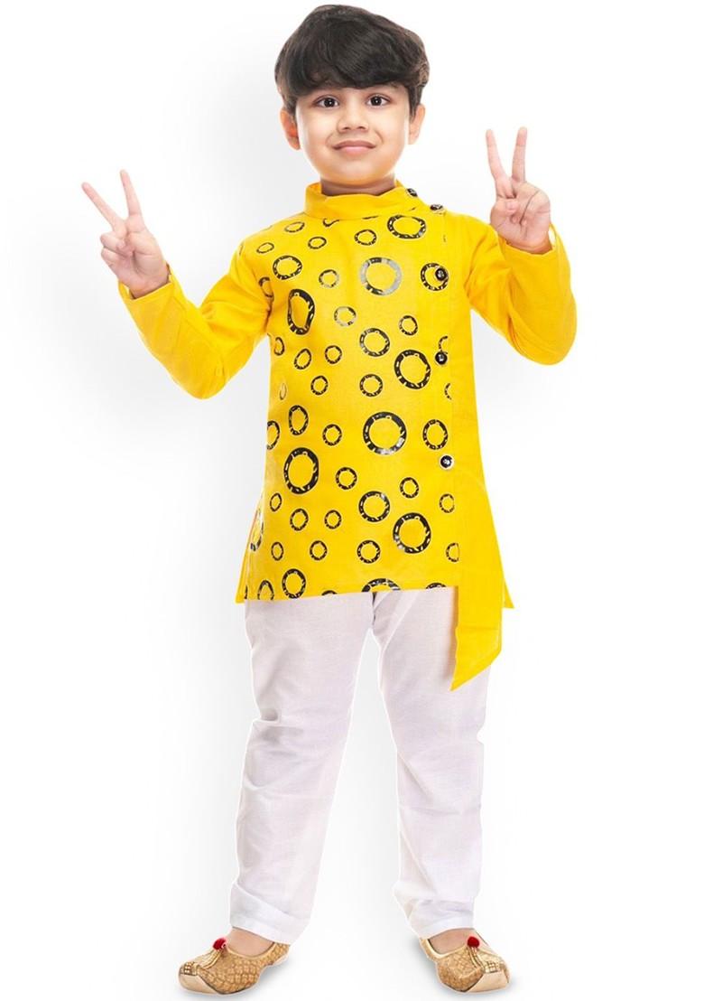 Yellow Printed Blended Kurta Set For Boys - Indya