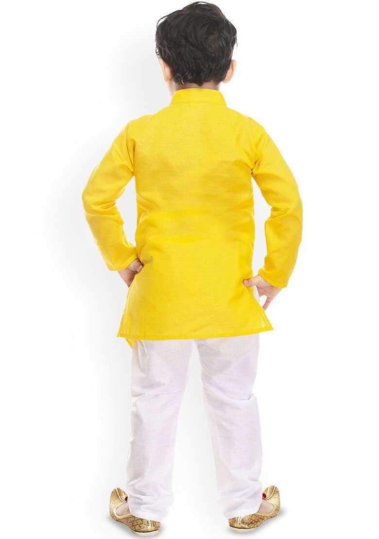 Yellow Printed Blended Kurta Set For Boys - Indya