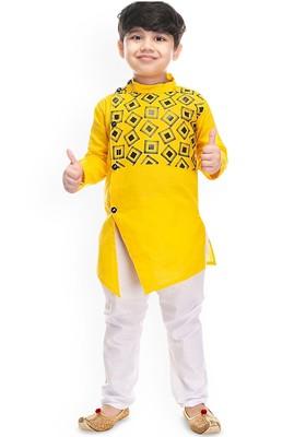 Yellow Printed Blended Kurta Set For Boys