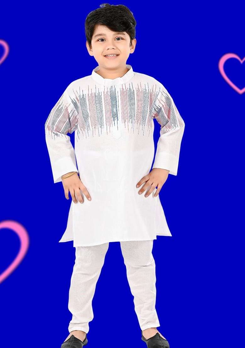 White Embroidered Blended Kurta Set For Boys - Indya