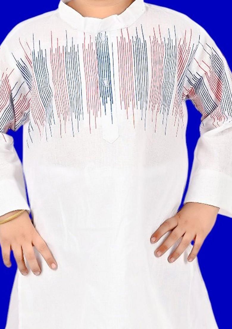 White Embroidered Blended Kurta Set For Boys - Indya