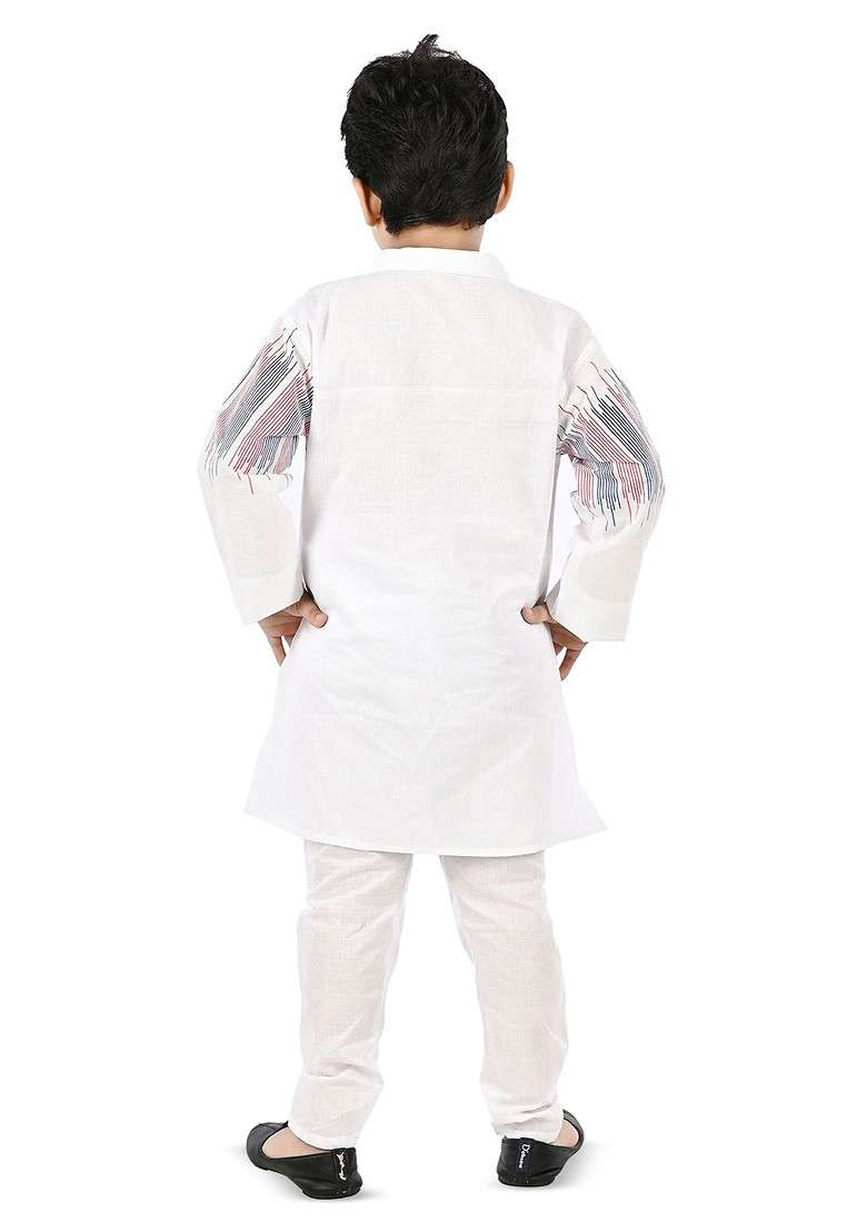 White Embroidered Blended Kurta Set For Boys - Indya