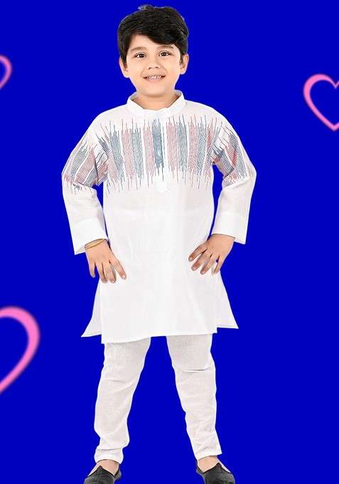 White Embroidered Blended Kurta Set For Boys