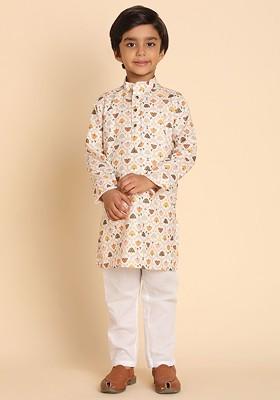 Off White Printed Cotton Kurta Set For Boys